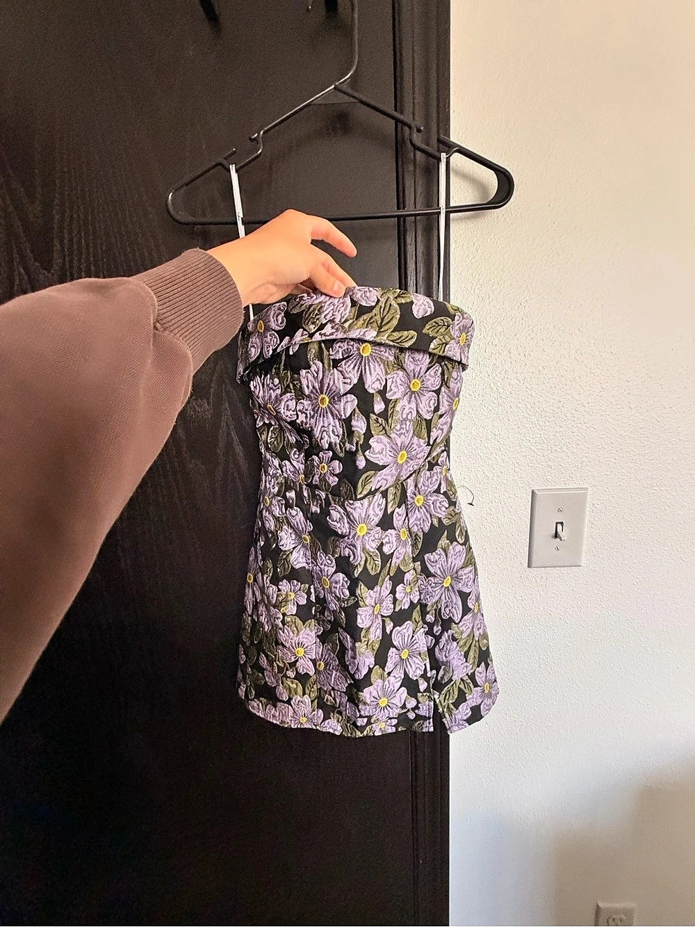 Lulus Floral Strapless Mini Dress Black & Purple XS